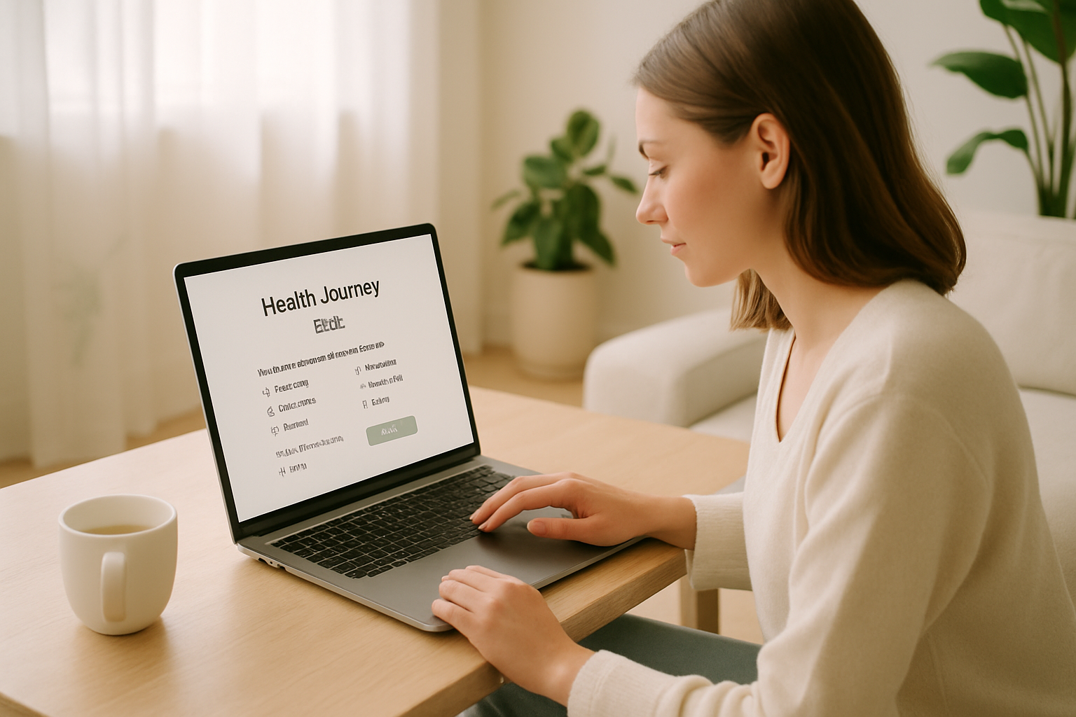 Create a clean, wellness-themed image showing a person sitting at a table or couch filling out a short quiz on their phone or laptop. The mood should feel calm, modern, and bright — representing the start of a health journey. Include soft natural lighting, light background tones, and a minimal style suitable for a Shopify landing page.