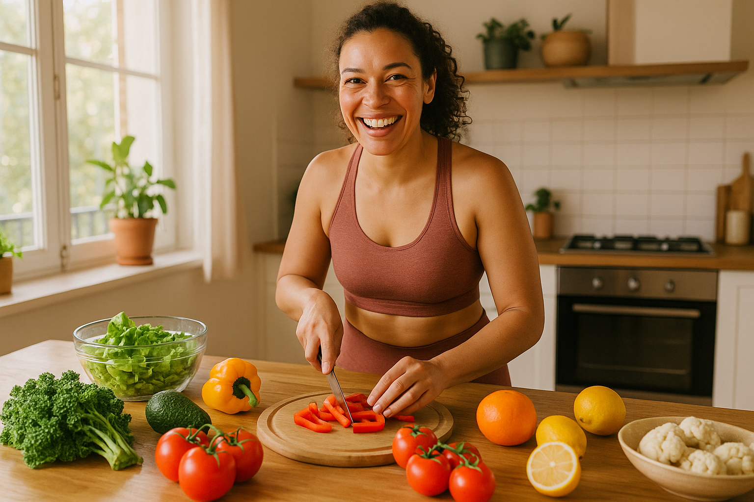 Create a warm, lifestyle-style image of a person smiling after a workout, cooking a healthy meal, or feeling energized — representing success from following a wellness plan. Use bright, uplifting colors, and a natural, healthy aesthetic that conveys motivation and real results.
