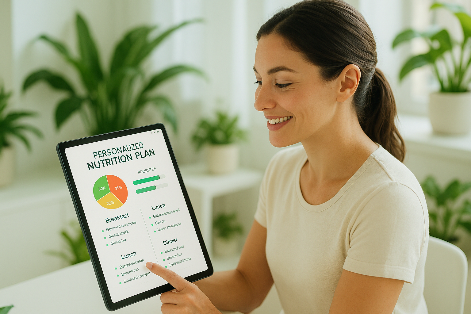Generate an image showing a person receiving or reviewing their personalized wellness or nutrition plan on a digital device — like a tablet or phone — with clean visuals such as charts, meal plans, or progress bars. The environment should feel professional but approachable, with a bright and trustworthy wellness vibe.